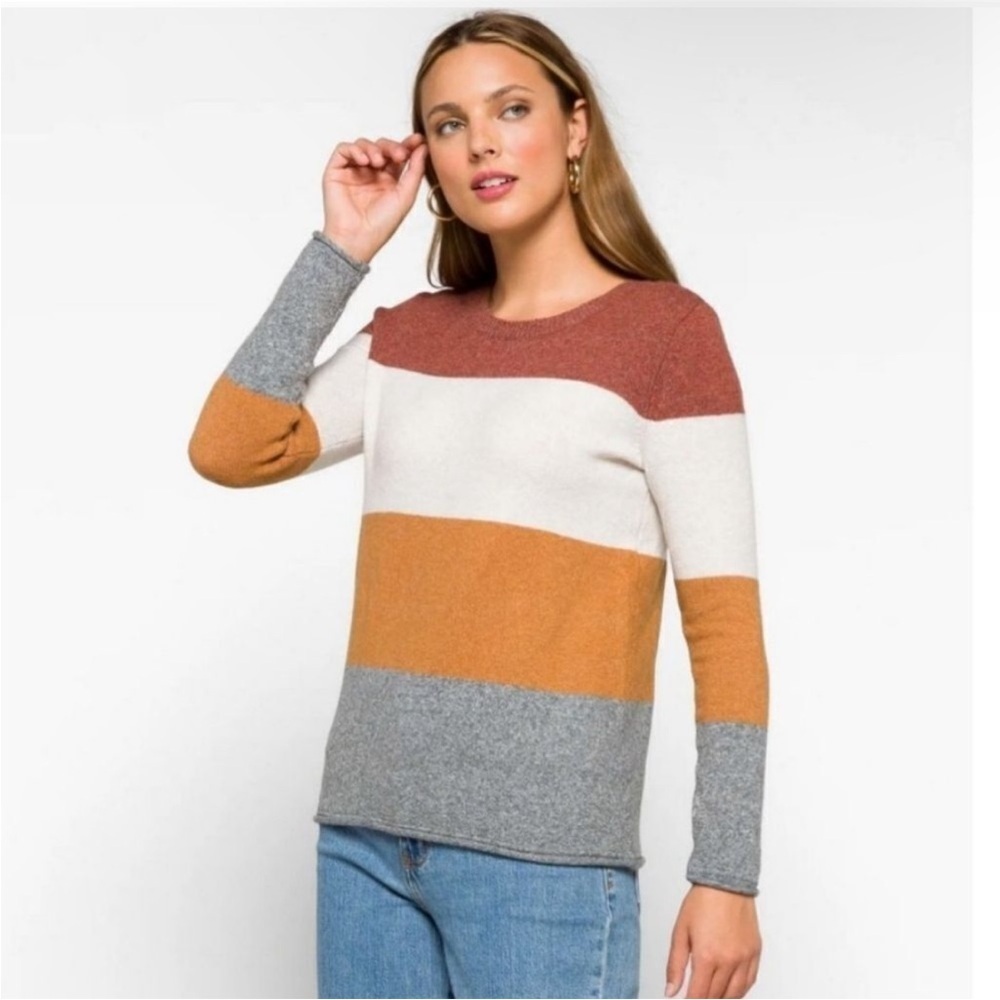 PINQUE Design Studio Colorblock Striped Crewneck Sweater - Rust Mustard Gray - M